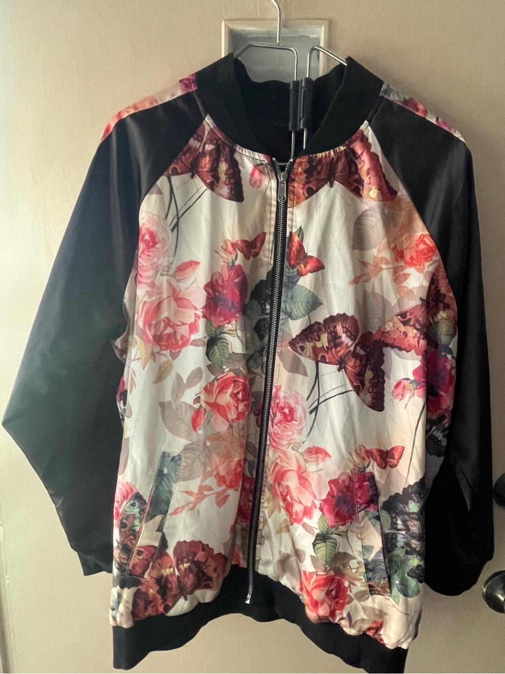 Floral Butterfly Bomber Jacket - Black & Cream